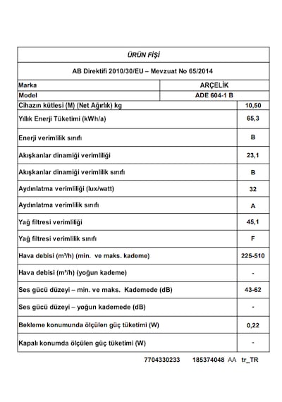 Arçelik ADE 604-1 B Ankastre Duvar Tipi Davlumbaz