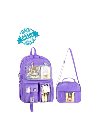 Waddell Kawaii Kore Tarzı Aksesuarlı İlkokul Sırt Ve Beslenme Çantası Lila 25002 Lila
