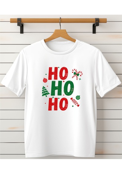 Aselinda Yılbaşı Hohoho Baskılı Bisiklet Yaka T-shirt Beyaz