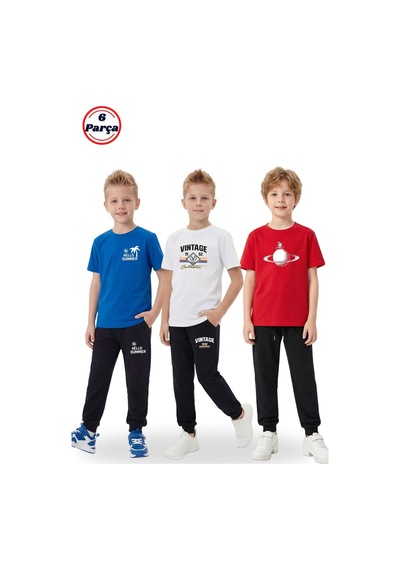 Panios Kids 3'lü Yuvarlak Yaka Baskı Detaylı Erkek Detaylı 6 Parça Erkek Çocuk Alt Üst Takım Saks Mavi