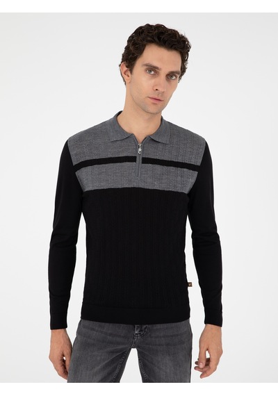 Cacharel Siyah Slim Fit Polo Yaka Fermuarlı Triko Kazak