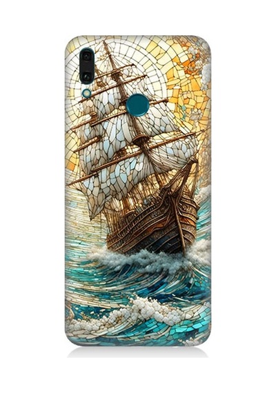 Huawei Y9 2019 Uyumlu Fırtınada Yelkenli Mücadele Vitray Desenli Silikon Kılıf Çok Renkli