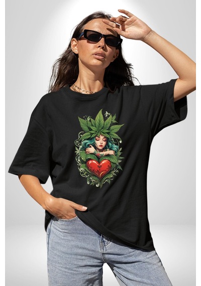 Kalp Parmak Kız Yeşillik Mutluluk Pamuklu Bisiklet Yaka Unisex Oversize Boyfriend Dijital Baskılı Siyah T-shirt Siyah