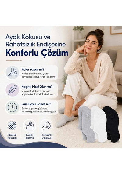 Genel Kadın Bambu 6 Lı Dikişsiz Babet Çorap Siyah Beyaz Gri Görünmez Sneaker Çor Çok Renkli 6'lı / 36-40