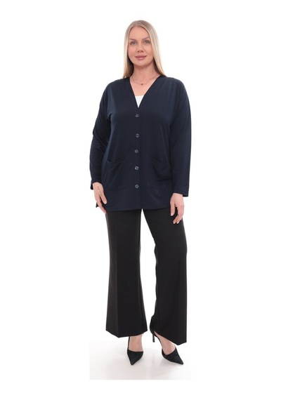 İksun Kadın Düğmeli Cepli V Yaka Günlük Yazlık Penye Anne Ceket Hırka Lacivert