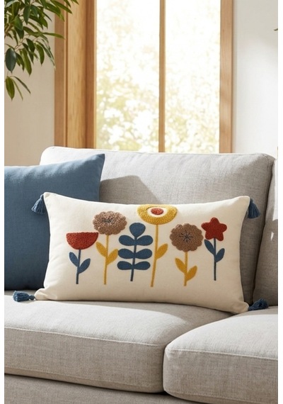 Çiçek Bahçesi Renkli Botanik Punch Nakışlı Püsküllü Pamuk Kırlent Kılıfı 35x55 Cm Mavi