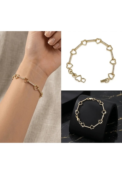 Kalp Tasarımlı Taşlı 17cm Bileklik Altın
