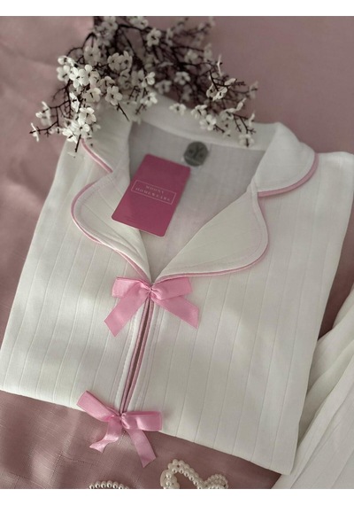 Mh Moony Homewears Hijo Pembe Kurdele Kışlık Termal Merlin Kumaş Pijama Takımı Pembe Ve Harika Krem