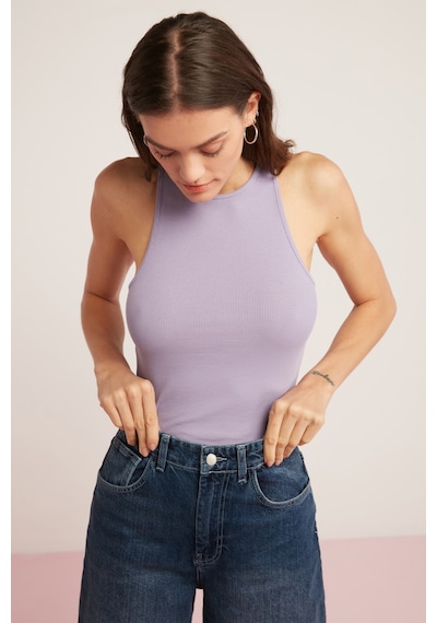 Ethıquet Mıra Kadın Fitilli Görünümlü Pamuklu Regular Fit Halter Yaka Sıfır Kollu Lila Atlet