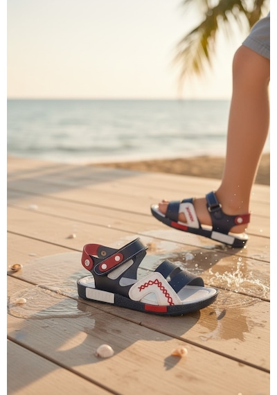 Noch Yan Bant Nakış İşlemeli Ve Üçlü Bantlı Ergonomik Çocuk Sandalet Lacivert - Kırmızı Noch Yan Bant Nakış İşlemeli Ve Üçlü Bantlı Ergonomik Çocuk Sandalet Lacivert - Kırmızı