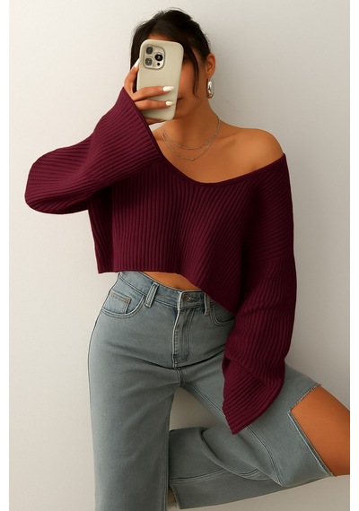 Samin Kadın Oversize V Yaka Triko Crop Kazak Bordo - 660238741 Bordo