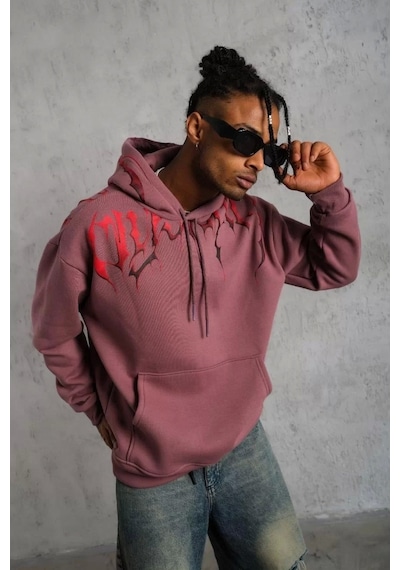 Erkek Ön ve Arka Baskılı Kapüşonlu 3 İplik Sweatshirt - Gül Kurusu Gülkurusu