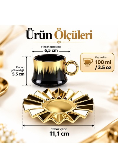 6 Kişilik 12 Parça Türk Kahvesi Fincan Seti 100 Ml Siyah Gold Detaylı Porselen Çok Renkli