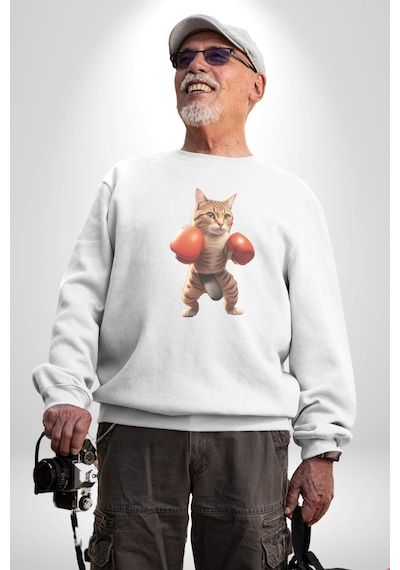 Boks Yapan Kedi Unisex Beyaz Baskılı Sweatshirt Beyaz