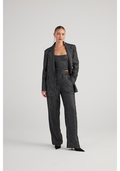 Holly Lolly Oversize Kesim Simli Çizgili Eden Blazer Ceket Siyah