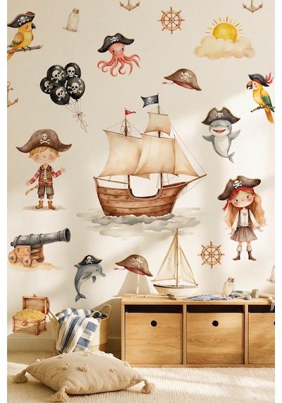 Çocuk Odası Duvar Sticker 103 Parça Korsan Gemisi Hazine Deniz Temalı Duvar Çıkartması Çok Renkli