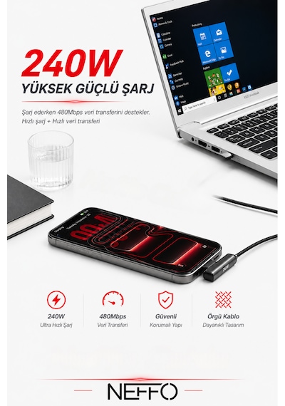 240w Ultra Hızlı Type-c Şarj Data Kablosu Katlanabilir Standlı Ergonomik Tasarım 1.5m Örgülü 1.5 M