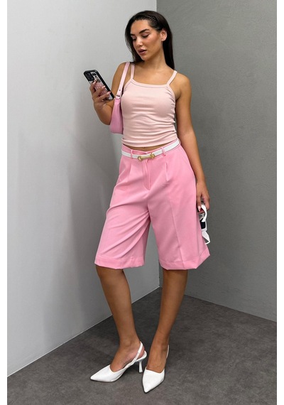 Madmext Pembe Pileli Kadın Bermuda Şort Mg2483 Pembe