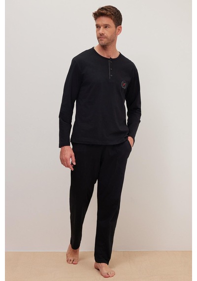 Tudors Erkek Standart Fit %100 Pamuk Bisiklet Yaka Beli Lastikli Siyah Pijama Takımı-37949 Siyah