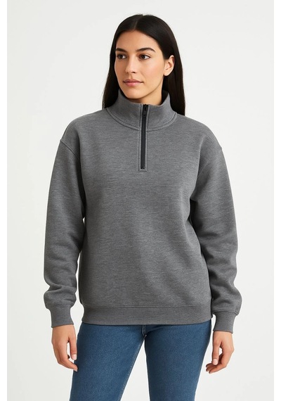 Primemagazam Kadın 3 İplik Pamuklu Dık Yaka Yarım Fermuarlı Sweatshirt - Antrasit Çeşitli
