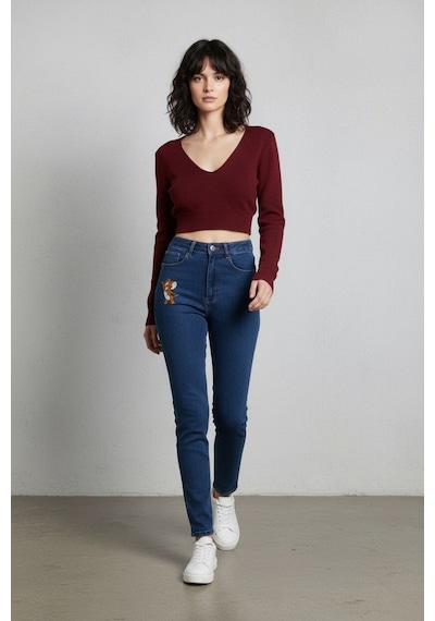 Kene Jeans Kadın Lacivert Tom Jerry Nakışlı Mom Pantolon Lacivert