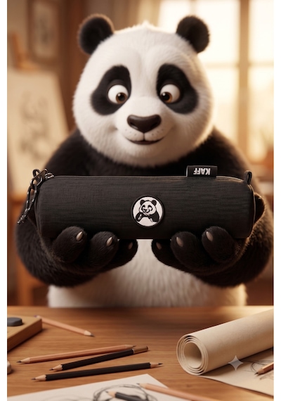 Panda Armalı Kompak Tek Gözlü Fermuarlı Siyah Silindir Kalemlik Kumaş Kalem Kutusu 30114