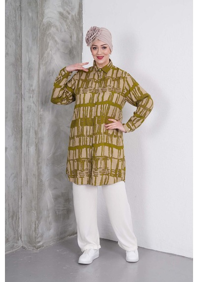 Polologin Butik Yeşil Çizgili Tunik Ve Krem Pantolon Takım Yeşil & Krem