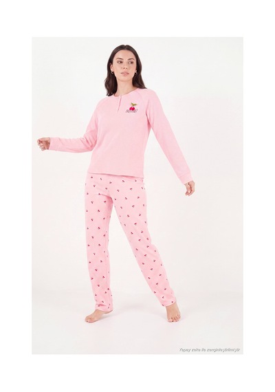 Lela Desenli Düğmeli Bisiklet Yaka Uzun Kollu Pijama Takımı Kadın Pijama Takımı 6575021 Pembe