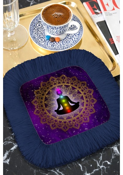 Mandala Saçaklı Sunum Peçetesi - Meditasyon Temalı Bohem Mor Lacivert Bardak Altlığı Mendil Çok Renkli