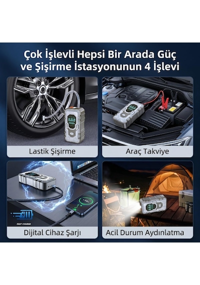 Enshall 10.000 Mah Çantalı Akü Takviyeli 1000a Tepe Akımlı Araç Lastik Şişirme Hava Kompresörü Jump Starter