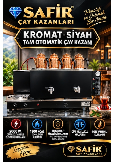Safir 4 Demlikli Kromat Siyah Tam Otomatik Çay Kazanı Elektrikli Ve Doğalgazlı Ce Belgeli Gazmer Açılış Onaylı Gaz Emniyet Sistemli Ventilli Çay Ocağı Kazanı
