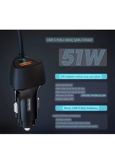 Sundaree 51w Karbon Fiber Yaylı Şarj Kablolu 2 Girişli Type-c Ve Usb Hızlı Ce Lisanslı Sertifkalı inal Sağlam Araç Şarjı Siyah Sundaree 51w Karbon Fiber Yaylı Şarj Kablolu 2 Girişli Type-c Ve Usb Hızlı Ce Lisanslı Sertifkalı inal Sağlam Araç Şarjı Siyah