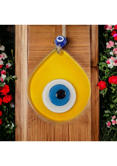 Orta Boy Şeffaf Sarı Damla Desen Nazar Boncuklu Duvar Dekoru Cam Duvar Süsü