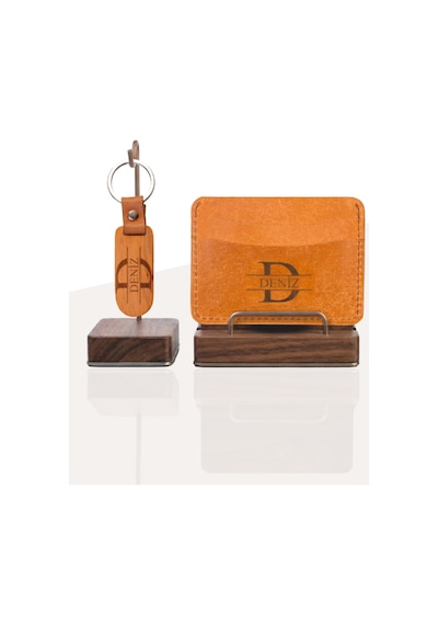 Quska Kişiye Özel İsimli El Yapımı Hakiki Deri Taba Kartlık+anahtarlık Hediyelik Set- Grain Minimal Taba