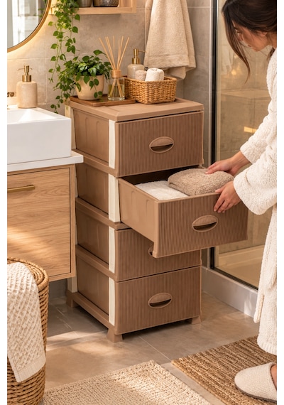 Porsima 0704 Mokka Stil 4 Katlı Çekmeceli Plastik Komodin 91 Cm - Yükseltilmiş Ayaklı Yatak Odası, Banyo & Mutfak Düzenleyici Şifonyer Kahverengi