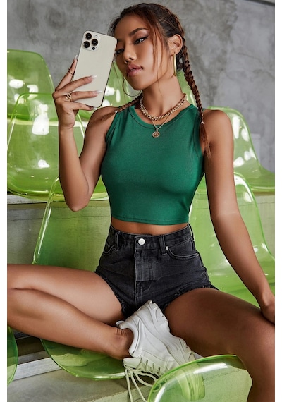 Modi Kadın Yeşil Kare Yaka Crop Top Bluz