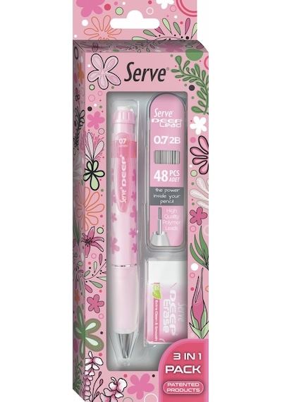 Serve Doğa Desenli Deep Kalem, Deep Silgi Ve Deep Min, 0.7 Mm, Şeker Pembe