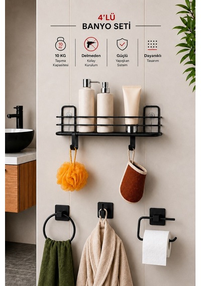Sas Haus Banyo Düzenleyici Set 4 Parça Yapışkanlı Şampuanlık Tuvalet Kağıtlığı Havluluk Askı Tss-01 Siyah
