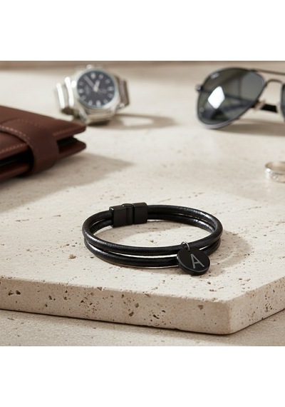 Kişiye Özel Harf Plakalı Çift Sıra Hakiki Siyah Deri Erkek Bileklik Siyah