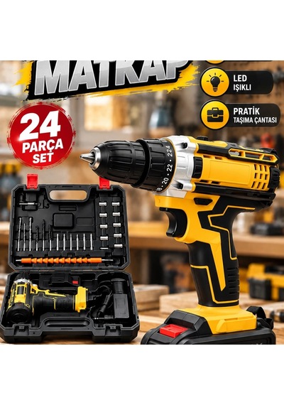 24w Darbeli Akülü Matkap Seti Metal Dişli, Çift Batarya, Led Işıklı Ve 24 Parça Aksesuarlı