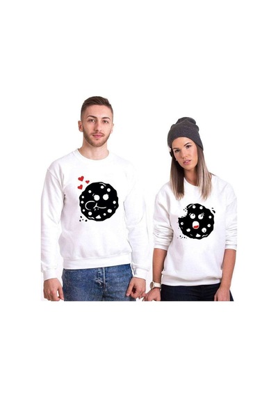 Tshirthane Kurabiyelerin Aşkı Sevgili Kombini Unisex Sweatshirt Kırık Beyaz