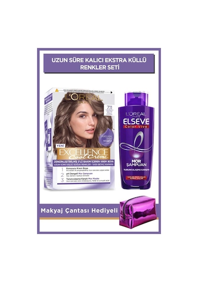 Elseve Turunculaşma Karşıtı Mor Şampuan 200 ML + Excellence Cool Creme Saç Boyası 7.11 Ekstra Küllü Kumral