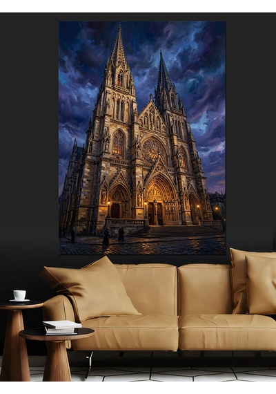 Gece Işıklarında Gotik Katedral Mimarisi Dekoratif Kanvas - Mdf Ahşap Tablo