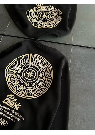 Mbb E-ticaret Kadın 3 İplik Pamuklu Bisiklet Yaka Baskılı Sweatshirt - Siyah