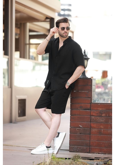 Madmext Siyah Basic Erkek Şort Gömlek Takım E7321 Siyah