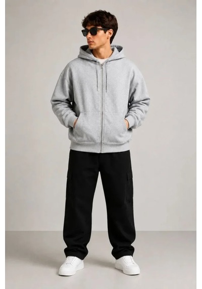 Butik İstanbul Erkek 3 İplik Şardonlu Tam Fermuarlı Kapüşonlu Arka Çanta Detaylı Sweatshirt - Gri