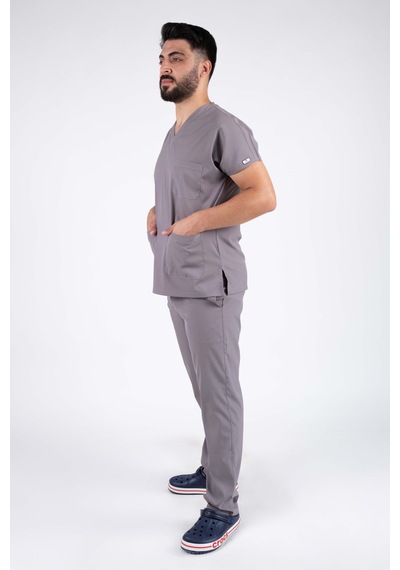 Gri Likralı Erkek Hemşire Ve Doktor Forması Takımı Scrubs Hastane Üniforması