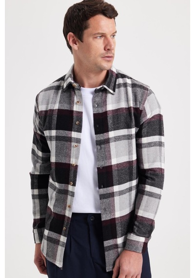 Tudors Erkek Slim Fit Dar Kesim Kareli Kışlık Oduncu Gömlek-42351 Gri
