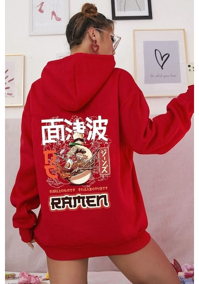 Uyguntarz Unisex Ramen Baskılı Sweatshirt Kırmızı