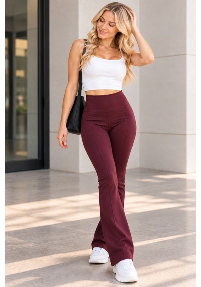 Bul-al Kadın Yüksek Bel Fit Kesim Flara Paça Pantolon Bordo